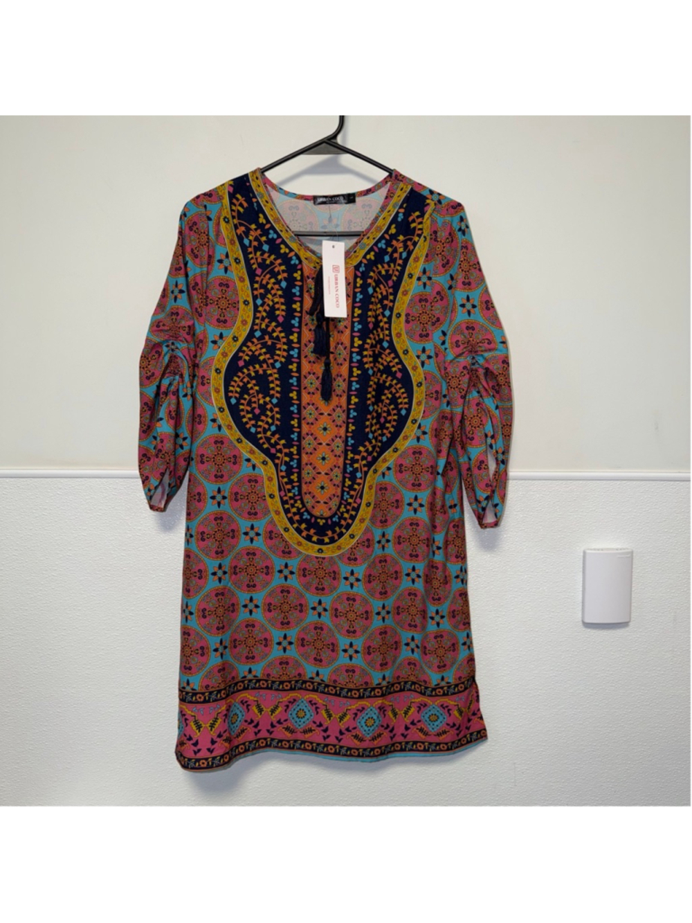 Women's Bohemian Neck Tie Urban Coco Mini Dress L Blue Pink Boho Print New NWT - Picture 3 of 14